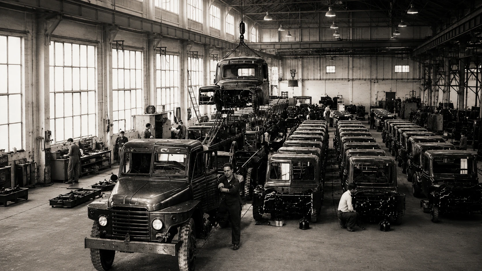 Atelier historique de fabrication automobile avec ses véhicules en cours d'assemblage