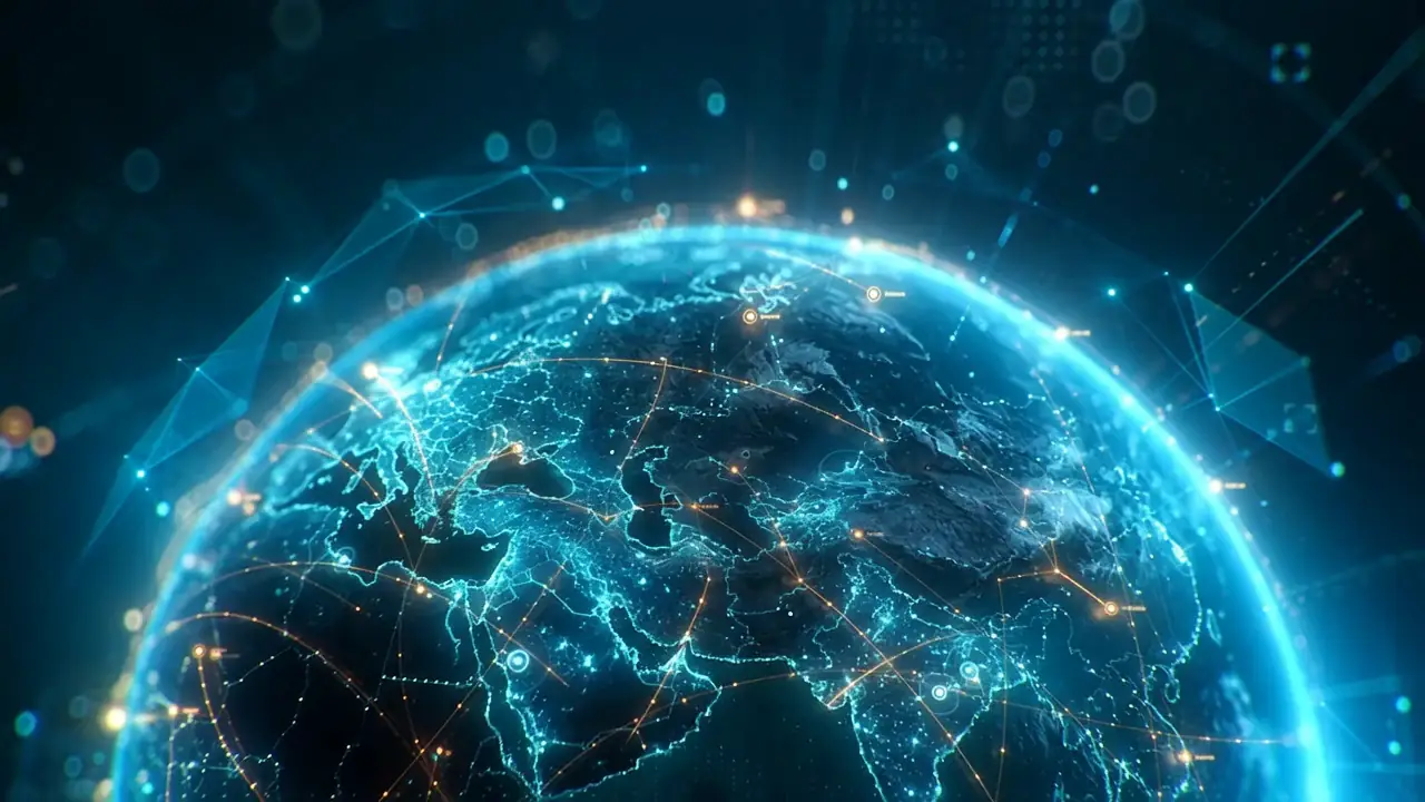 Globe terrestre numérique, réseau de liaisons lumineuses au-dessus de l'Europe et de l'Afrique du Nord