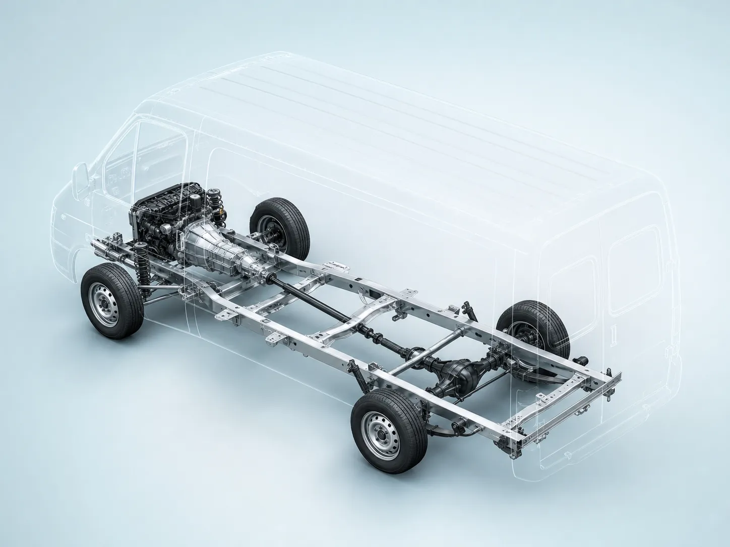 Visualisation technique du châssis long, de la transmission et des essieux du JMC Touring Cargo