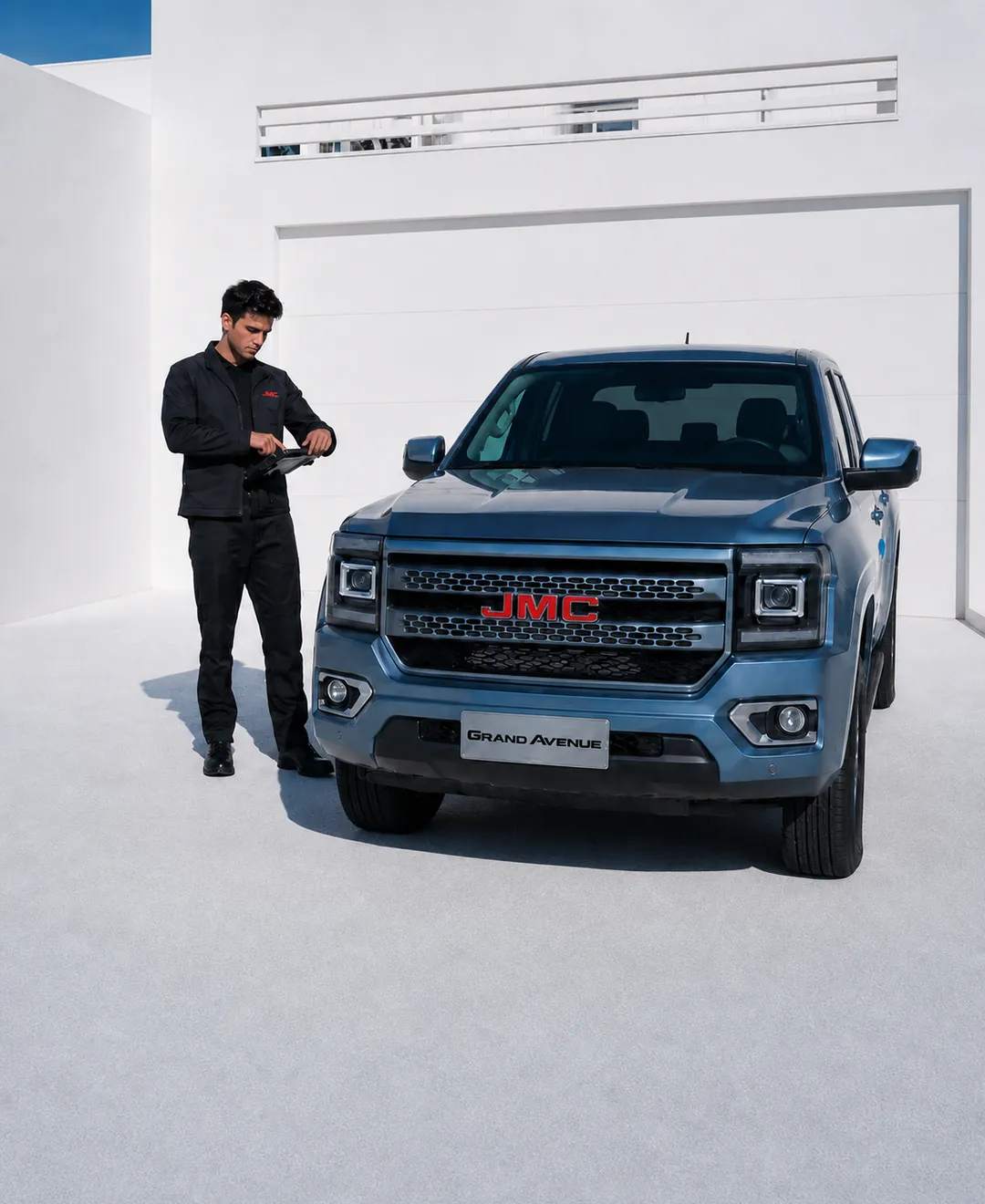 Technicien JMC utilisant une tablette aux côtés d'un pick-up Grand Avenue bleu